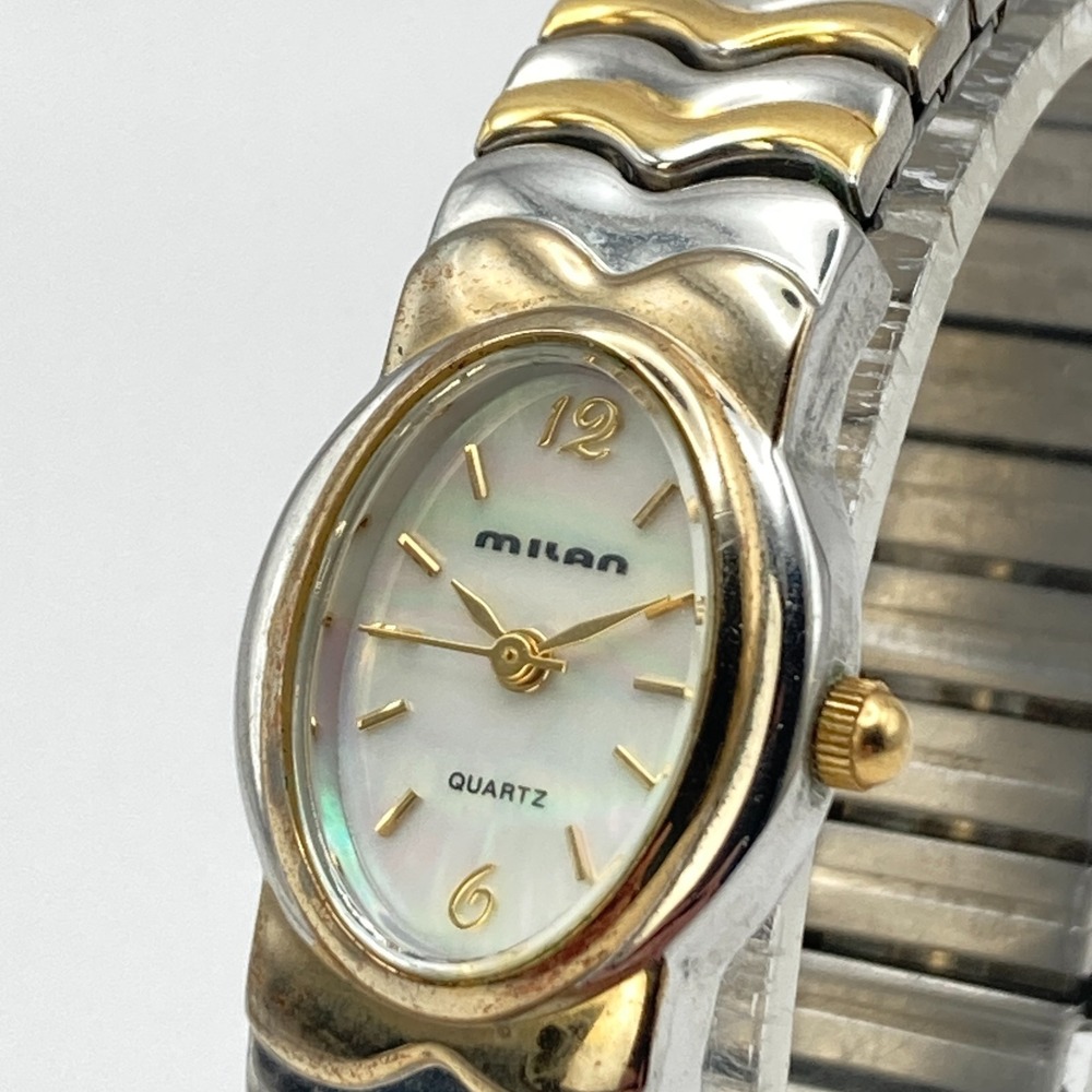 Vtg Milan Womens Watch Gold Silver Tone MOP Stretch Band New Battery SMALL 6"